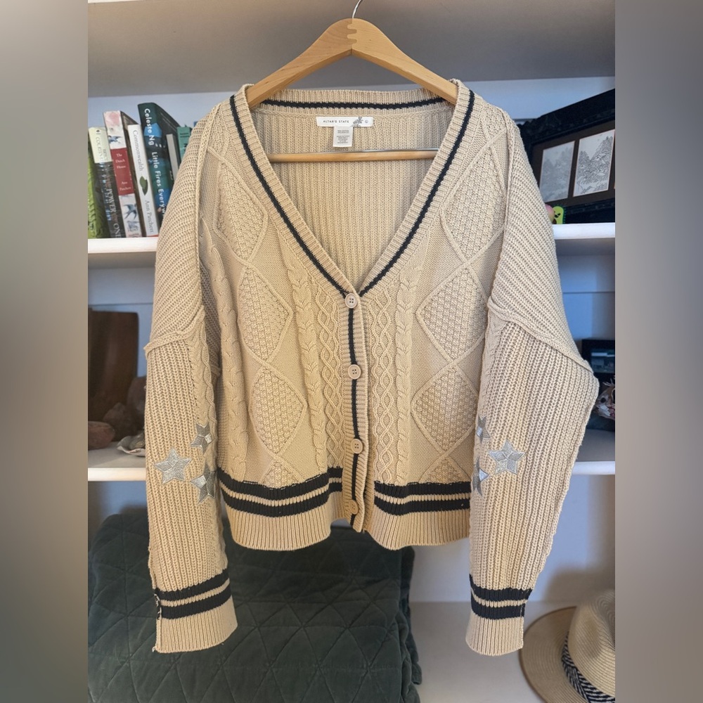Altar'd State Folklore Inspired Cardigan Cream Star Elbow Patches Size Large - Picture 2 of 5
